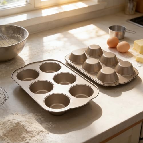 Non-Stick Jumbo 3.5" 6-Cup Muffin Pans, Set of 2(Gold) - color: Gold