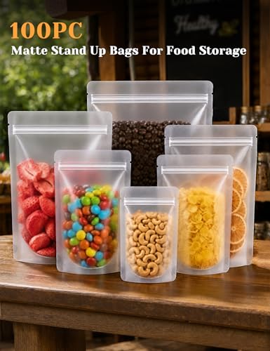 FireKylin 100Pcs Resealable Stand Up Bags, Matte 3.9"x5.9" Food Pouches - color: Matte, size: 3.9" X 5.9"