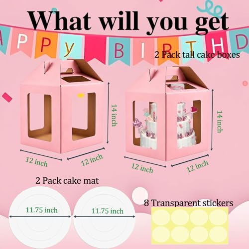 Cake Boxes - 2 Pack Tall Cake Box 12x12x14 Inch, 6 Windows - color: 12X12X14-Pink