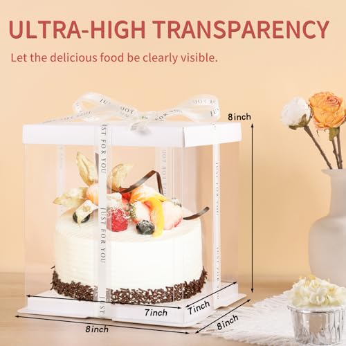 JCD 7" X 7" X 8" Ideal for 4" and 5" Inch two Layer Tiered Cakes Box,6 Pcs Transparent Cake Box with Ribbon for Pastries-Clear Boxes with Lid for Party and Display (White Lid, 7 * 7 * 8inch/6Pcs) - size: White Lid 7inch/6Pcs