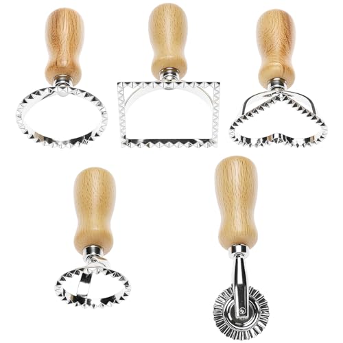 QWORK Ravioli Stamp Maker Cutter with Roller Wheel Set – Wood Handle, Sturdy Aluminum Frame, Precise Fluted Edges – Perfect for Ravioli, Pasta, Cookies