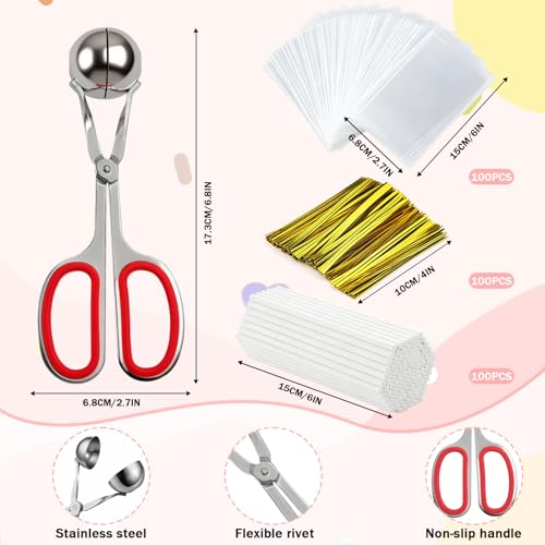 Cake Pop Molds Lollipop Cake Pop Kit Cake Pop Sticks and Wrappers Kit with 100Pc Cake Pop Sticks Candy Treat Bags Gold Twist Ties Meatball Scoop Ball Maker for Lollipop Candy Chocolate Cookie - color: Red
