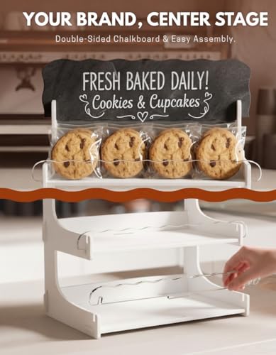 HOTCAN Cookie Display Stand for Bakers & Vendors with Acrylic Front | Wooden Dessert Stand with Chalkboard Sign for Market Booths, Craft Fairs & Events | 3 Tiered Cookie Display for Cupcakes, Muffins & Pastries (White) - color: White, size: 3 Tier
