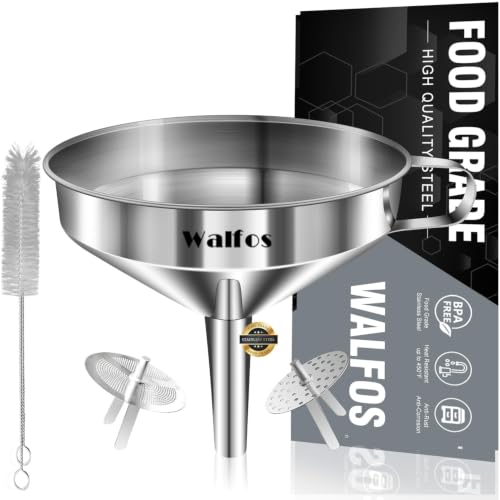Stainless Steel Funnel, Walfos Kitchen Funnel with 2 Removable Strainer ＆ 1Pc Cleaning Brush, Perfect for Transferring of Liquid, Oils, Jam, Dry Ingredients & Powder (4.1") - color: 1pcs 4.1in Stainless Steel