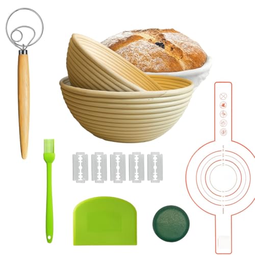 Premium Banneton Bread Proofing Baskets Set of 2 (10" round baskets) with Liners + Starter Kit - 100% Indonesian Natural Rattan Sourdough Bread Baking Tools