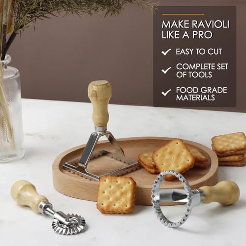 Ravioli Stamp Maker Cutter with Roller Wheel Set, Large Size Aluminum Press with Wooden Handle and Fluted Edge, Ravioli Maker Stamp for Ravioli, Pasta, Dumplings Lasagna, Pierogi, Set of 4