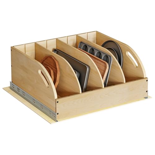 WelFurGeer Birchwood Pot and Pan Organizer with Soft-Close Drawer, Pull Out Cabinet Organizer, Heavy-Duty Slide-Out Storage for Baking Sheets, Cutting Boards, and Kitchen Utensils - size: 23"W X 21"D