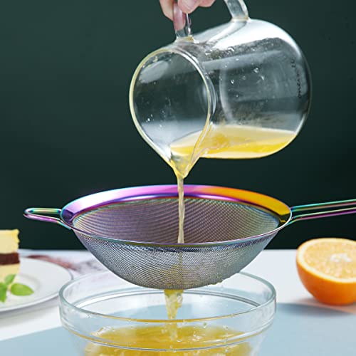 Kyraton Rainbow Fine Mesh Strainer 3 Pieces Set, Copper Flour Sifter For Baking, Stainless Steel Clander, Matcha Tea Strainer, Gravy Separator, Stasher Sieve Pasta Strainers - color: Rainbow