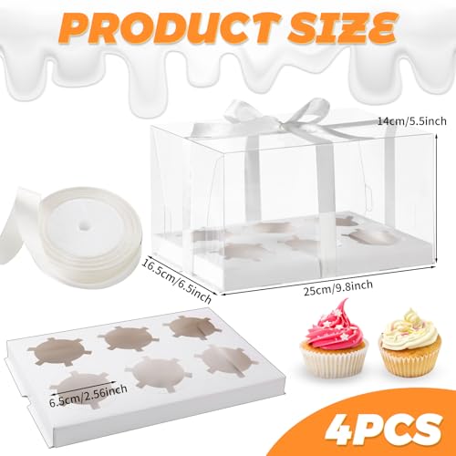 JCD 4 Pack Clear Cupcake Boxes, Plastic Cupcake Containers with Gift Ribbon, 5.5inches height Holder 6 Count Cup Cake Boxes for Parties, Baking, Wedding, Transport (6count/4pcs) - size: 6count/4pcs