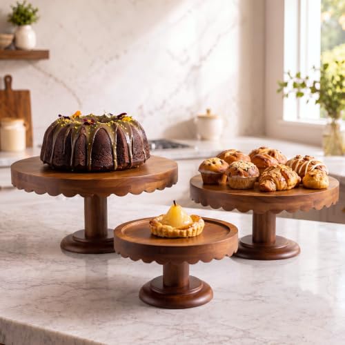 LemonRoad 3 Pcs Scalloped Wooden Cake Stand Set Rustic Cupcake Stand, Wood