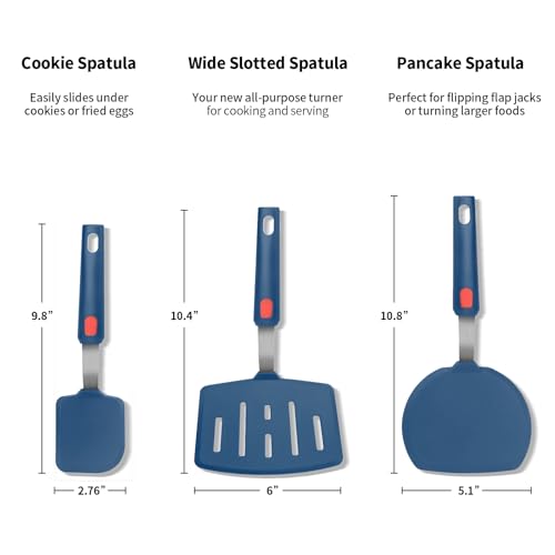 Silicone Spatula Turner Set of 3, Heat Resistant Large Wide Spatula for Pancake, Silicone Fish Spatulas Flipper for Cooking & Non-stick Cookware, BPA Free Rubber Cooking Untensil Set - color: Hazy Blue