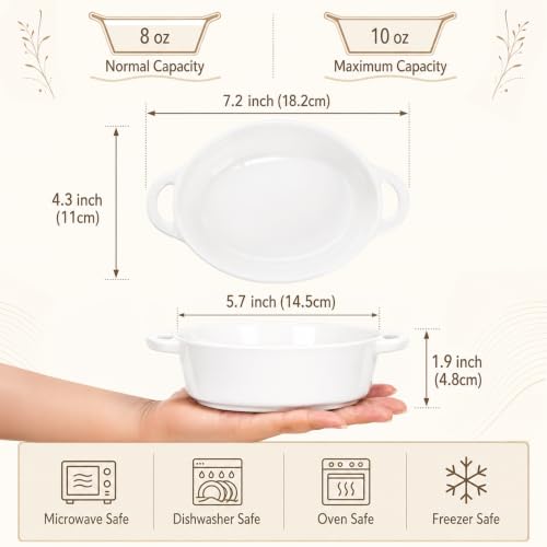 Foraineam 6-Pack Oval Porcelain Ramekins, 10 Ounce Ceramic Creme Brulee Souffle Baking Ramekin Dishes Bowl with Double Handles, Dishwasher and Oven Safe
