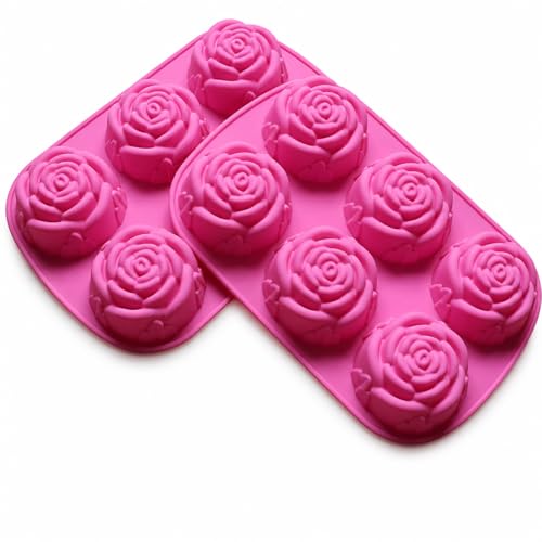 2 Pack Rose Silicone Molds, 6-Cavity Flower Soap Molds for Chocolate, Candy, Cake, Jelly, Pudding, Ice Cubes, Lotion Bars, Candles & Bath Bombs, Pink