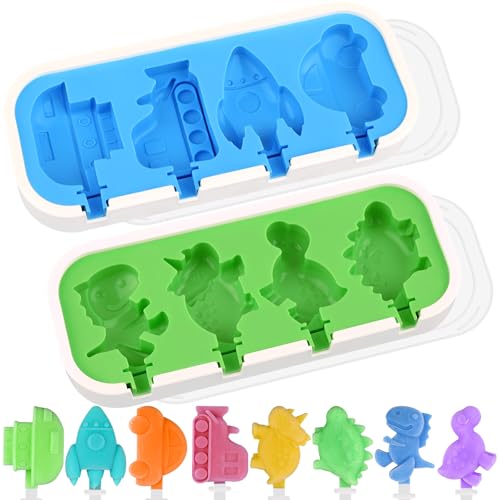 2 Pack Silicone Popsicle Molds, Cars, Ships, Train, Rocket and Dino Shapes - size: 2 Pcs Mini Cartoon - Green & Blue