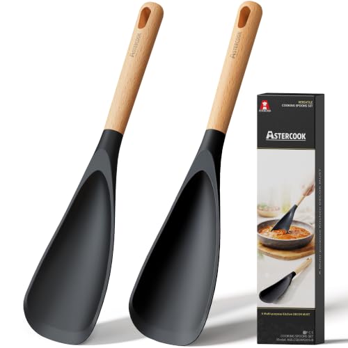 Astercook Cooking Spoon, 2 Pack, Nonstick Safe Silicone Spatula - color: Black