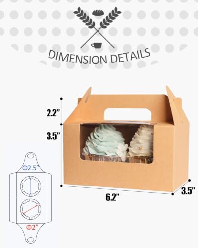 qiqee Cupcake Box Two Holder 6.5x3.6x3.5inch(2.2" Top) 50pcs Brown 2 Cupcake Boxes With Window - color: Brown, size: 50Pcs, Two Holder