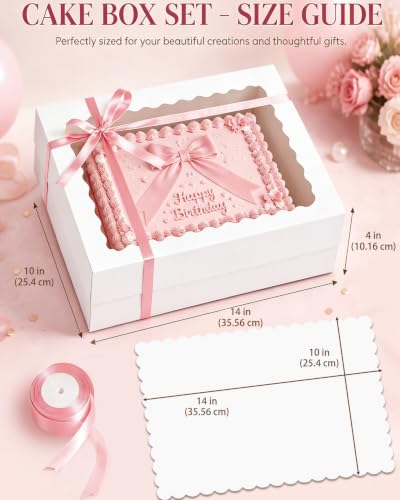 qiqee 14x10x4in Sheet Cake Box with Boards,6 Sets Quarter Bakery Box Donut - color: White, size: 6 Sets, 14"x10"x4"