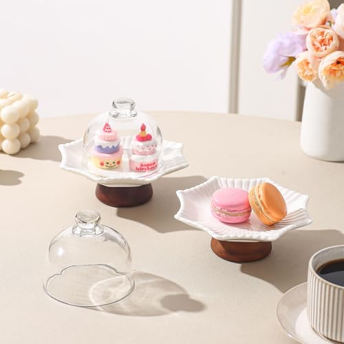 2 Pack 5.2 in Mini Ceramic Cake Stands with Glass Dome Covers, White Pedestal Dessert Display Plates with Acacia Wood Feet for Macarons, Cupcakes, Candy, Cheese and Tea Parties - color: Two 5.2-inch mini ceramic dessert cups