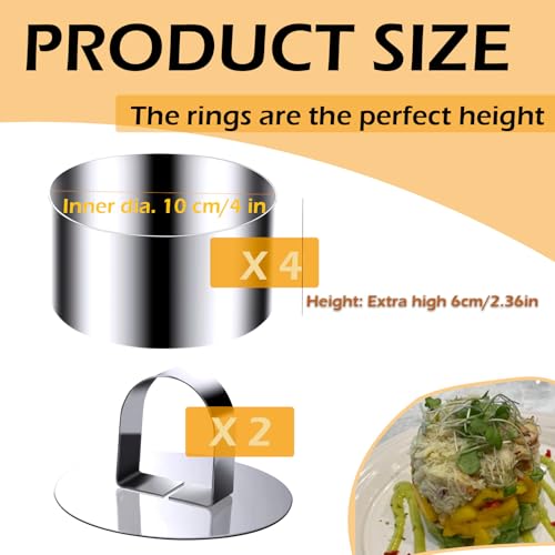 Round Cake Ring Molds, 4 inch Stainless Steel Food Rings Dessert Mousse Cooking Rings Mold Extra High 6cm with Pushers (Include 4 Rings & 2 Pushers) - size: Extra High 4-inch-6pcs