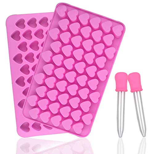 2 Pack Silicone Mini Hearts Molds with 2 Droppers Ice Cube Heart Mold Mini Hearts Shape Mould for Baking Silicone Molds for Chocolate Gummy Candy Soap Jelly Cake Heart Ice Tray (Pink)