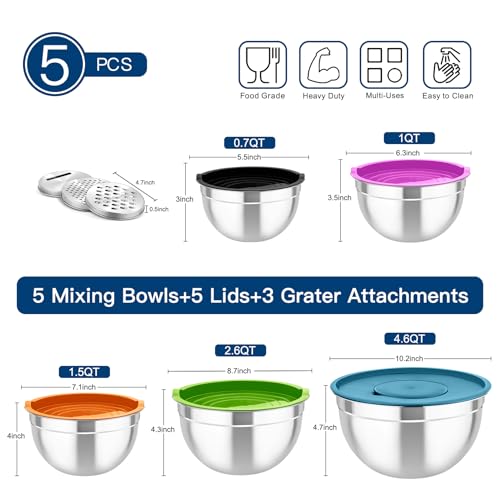 TeamFar Mixing Bowls with Lids, 5PCS Stainless Steel Metal Salad Bowl - color: Multicolor