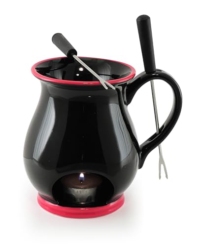 Swissmar Indulge 4-Piece Chocolate Fondue Set Black Ceramic Mug with Tea Light Warmer & Forks, Mini Chocolate Melting Pot for Dessert, Date Nights, Parties & Entertaining - color: Black/Red