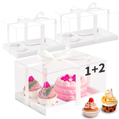 JCD 3 Pcs Cake Cupcake Combo Boxes,1+2 Cupcake carriers 2 Cupcakes Holes - Cakes and Cupcake Clear Boxes - Pastry Sweets Bento Boxes (2 Cupcakes and 1 Cake)(1+2/3Pcs) - size: Clear 1+2/3Pcs