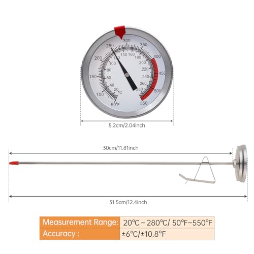 Candy/Deep Fry Thermometer with Pot Clip - 12" Stainless Steel Stem Meat Cooking Thermometer for Frying and Candle Making, Turkey, BBQ, Grill, Instant Read, Analog Display - size: 12 inch