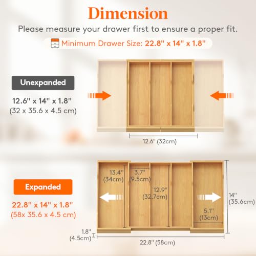 Lifewit Bamboo Kitchen Drawer Organizer, Cooking Utensil Silverware Tray - color: Natural, size: 5 Slot(12.6~22.8''W x 14'' D)