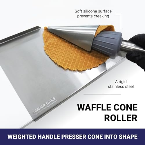 Professional Waffle Cone Roller Pizzelle Roller, Krumkake Cone Roller, Stainless steel, with Silicone sleeve (Standard size) | Amber Bake - size: Standard