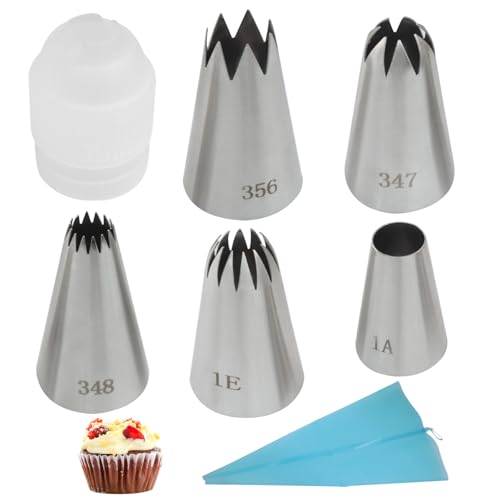 5 Pcs Piping Tip Set 1A 1E 348 347 356, Coupler Pastry Bag - size: Large 1A+1E+348+347+356