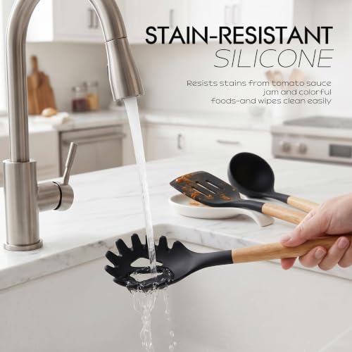 oannao Silicone Cooking Utensils Set Utensil Sets - 446°F Heat Resistant Silicone Kitchen Utensils Set Wooden Handles, Silicone Utensils for Cooking w Holder for Non-Stick Cookware BPA FREE (Black) - color: Black