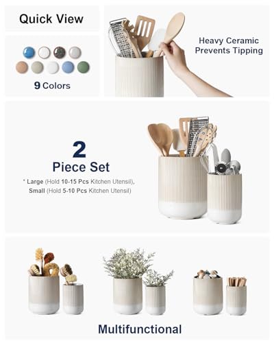 LE TAUCI Ceramic Kitchen Utensil Holder for Counter, 7.3/5.4", Warm White - color: Warm White Reactive Glaze, size: 7.3" & 5.4"