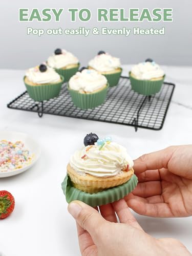 Heart Shaped Silicone Cupcake Liners, 6 Pack Reusable Non-Stick Baking Molds for Muffins, Cupcakes, Oven Safe, Dishwasher Safe (Green)