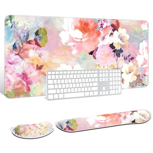 Large Mouse Pad with Wrist Rests for Keyboard & Mouse, Thick Soft Ergonomic Memory Foam Wrist Supports, Big & Long Desk Mat 35.5 x 15.7 in, for Office Gaming Computer, Pink Flowers - color: Watercolor Pink Flowers