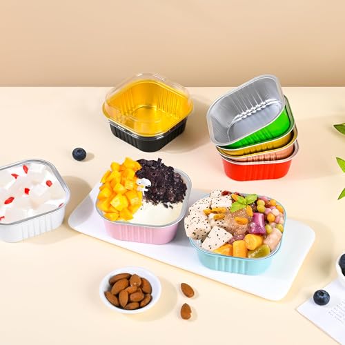 40 Pack Mini Cake Pans With Lids, 5oz Square Aluminum Foil Brownie Baking Cups, Muffin Tin Ramekins, Disposable Dessert Cupcake Cups for Wedding Birthday Party, Pink - color: Pink