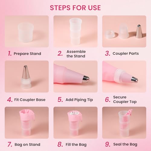 Piping Bag Holder Stand, Clear Cream Icing Bag Holder with 2 Pack 14 Inch Reusable Piping Bags, 5Pcs Pastry Bag Ties, 1 Couplers and 6 Tip for Home Bakers & Professional Chefs