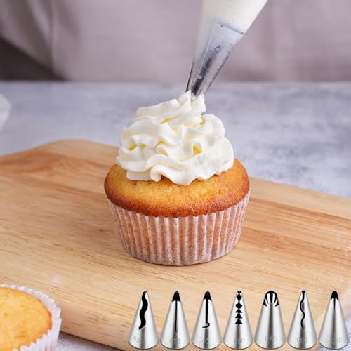 Kasmoire 7Pcs Pleated Skirt Piping Tips Set,Stainless Steel Ruffle Piping Nozzles Icing Tips Set with 10Pcs Disposable Piping Bags For Pastry Cupcakes,Cakes Cookies Decorating