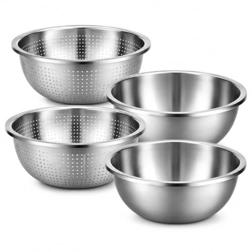 4 Pcs 7 Qt Colander Stainless Steel Set, 2 Bowls & 2 Strainers