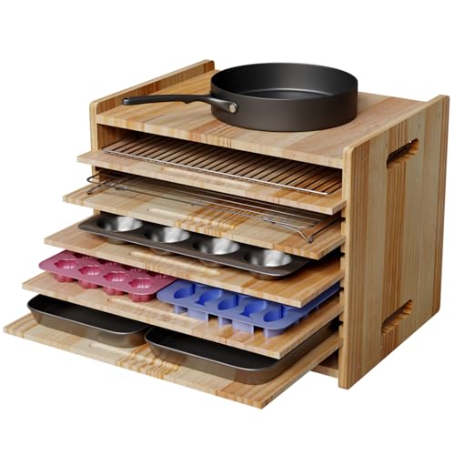 7 Tiers Cookie Sheet Organizer for Cabinet, Wooden Tray Dividers for Kitchen Cabinets Baking Sheet Pan Organizer, for Heavy Pans, Cutting Board, Bakeware, Kitchen Cupboard Storage, Solid Wood - size: Large(20''W)