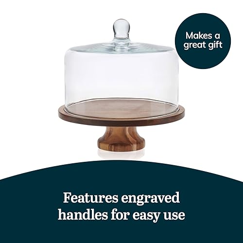 Libbey Acacia Wood Cake Stand with Glass Dome Lid, Footed Server - color: Footed Round