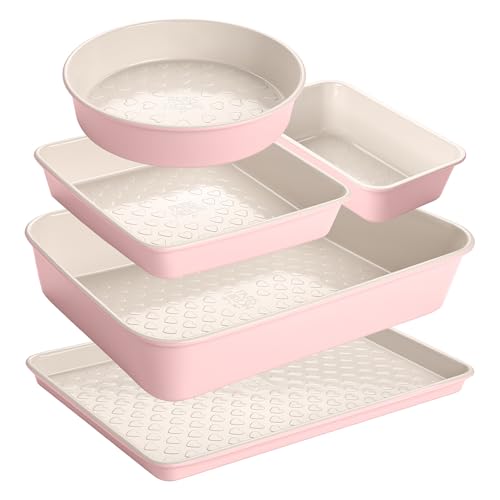 Paris Hilton 5-Piece Baking Pans Set, Nonstick Heart Pattern Bakeware Set with Heavy Duty Carbon Steel, Includes Square Pan, Round Pan, Loaf Pan, Roasting Pan & Cookie Sheet, 5-Piece, Pink - size: 5-Piece