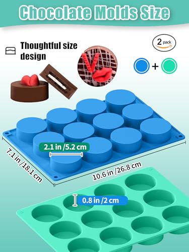 2 Pcs Chocolate Cookie Silicone Molds, 12-Cavity Round Silicone Mold, Baking Mold for Chocolate, Cookie, Candy, Mini Cake, Jelly, MuffinCakes - color: 2pc- 12 cup Blue+Green