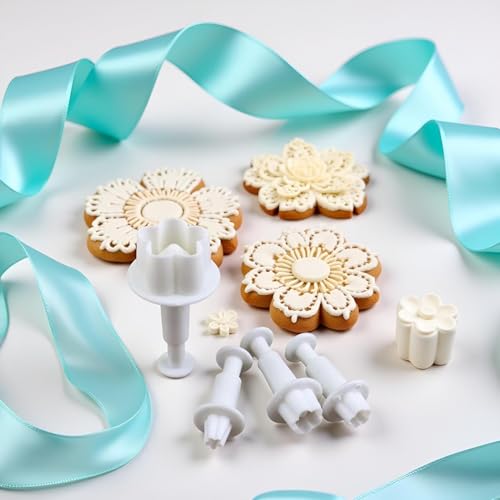 4Pcs White Flower Plunger Cookie Cutters, Plastic Blossom Cake Fondant Mold, DIY Baking Decorating Tools for Dessert and Candy Sculpting
