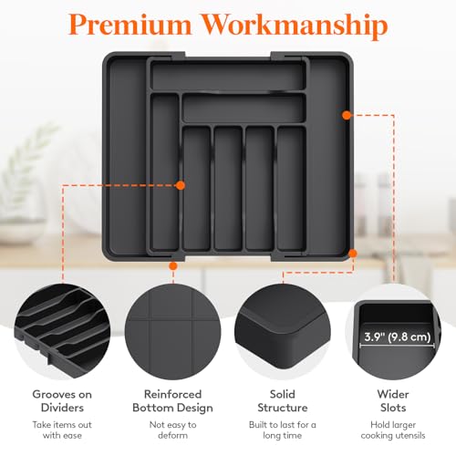 Lifewit Expandable Silverware Drawer Organizer, Kitchen Utensil Tray - color: Black, size: Large Deep（11.8-19.6'W x 15''D）