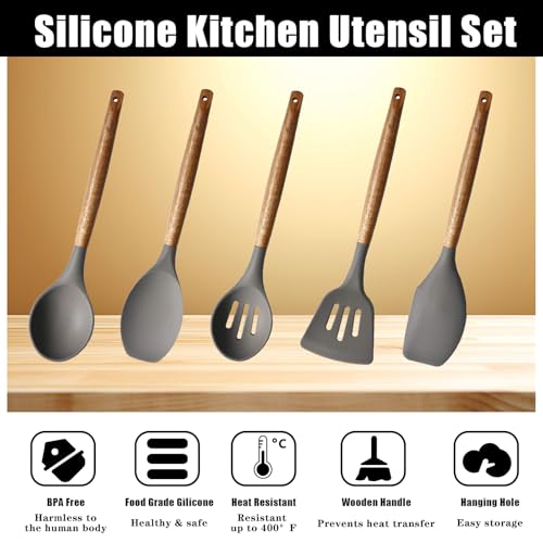 Kitchen Utensils Set, Silicone Cooking Utensils Set,Non-Stick Silicone Spatula Set with Natural Acacia Hard Wood Handle, 5 Piece, Upgraded Thickened Cookware - color: Gray
