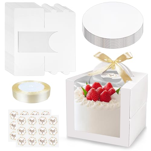 MUMULULU 15 PCS 6 x 6 x 6 Inches Cake Boxes with Carry Handles and Cake Boards White Bakery Boxes with Silk Ribbon and Stickers for Cakes Pastries Birthday Party Wedding - color: White 6×6×6