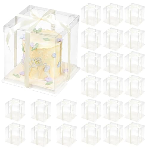 24 Pcs Clear Gift Box with Ribbon 3-Layer 10x10x12 Inch, Transparent Cake Carrier Box with Lids, PET Tall Cake Packaging Boxes, Clear Gift Boxes for Birthday,Wedding and Festival Party - size: 10*10*12 in