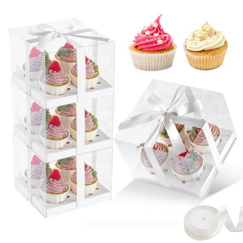 JCD 4Pack Clear Cupcake Boxes, 4 Count Cupcake Containers with Gift Ribbon,5.3inches height Plastic Cupcake Carrier Holder for Treat Dessert Cookies Muffins Pastry Baby Shower Party(4count/4pcs) - size: 4count/4pcs