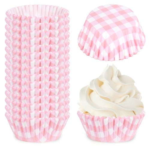 Whaline 300 Pcs Pink Plaid Cupcake Liner Paper Pink Checkered Muffin Liner Baking Cups 2 x 1.2 Inch Cute Cupcake Wrappers for Baby Bridal Shower Wedding Birthday Party Supplies - color: Pink